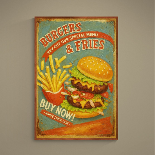 Retro burger and fries poster with turquoise distressed background and vintage Burgers & Fries lettering