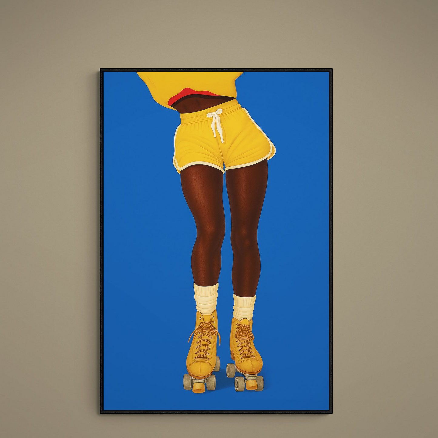 Pop art poster of yellow roller skates, cream socks, and yellow shorts on a bold blue background