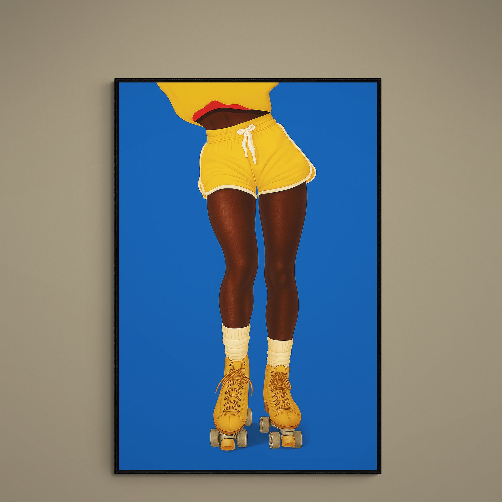 Pop art poster of yellow roller skates, cream socks, and yellow shorts on a bold blue background