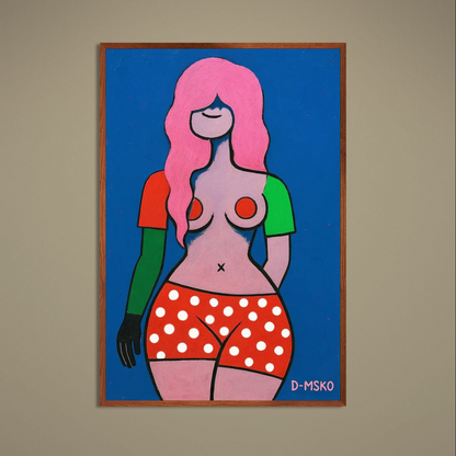 Pop art female figure with pink hair, purple skin, and red polka-dot shorts on a blue background