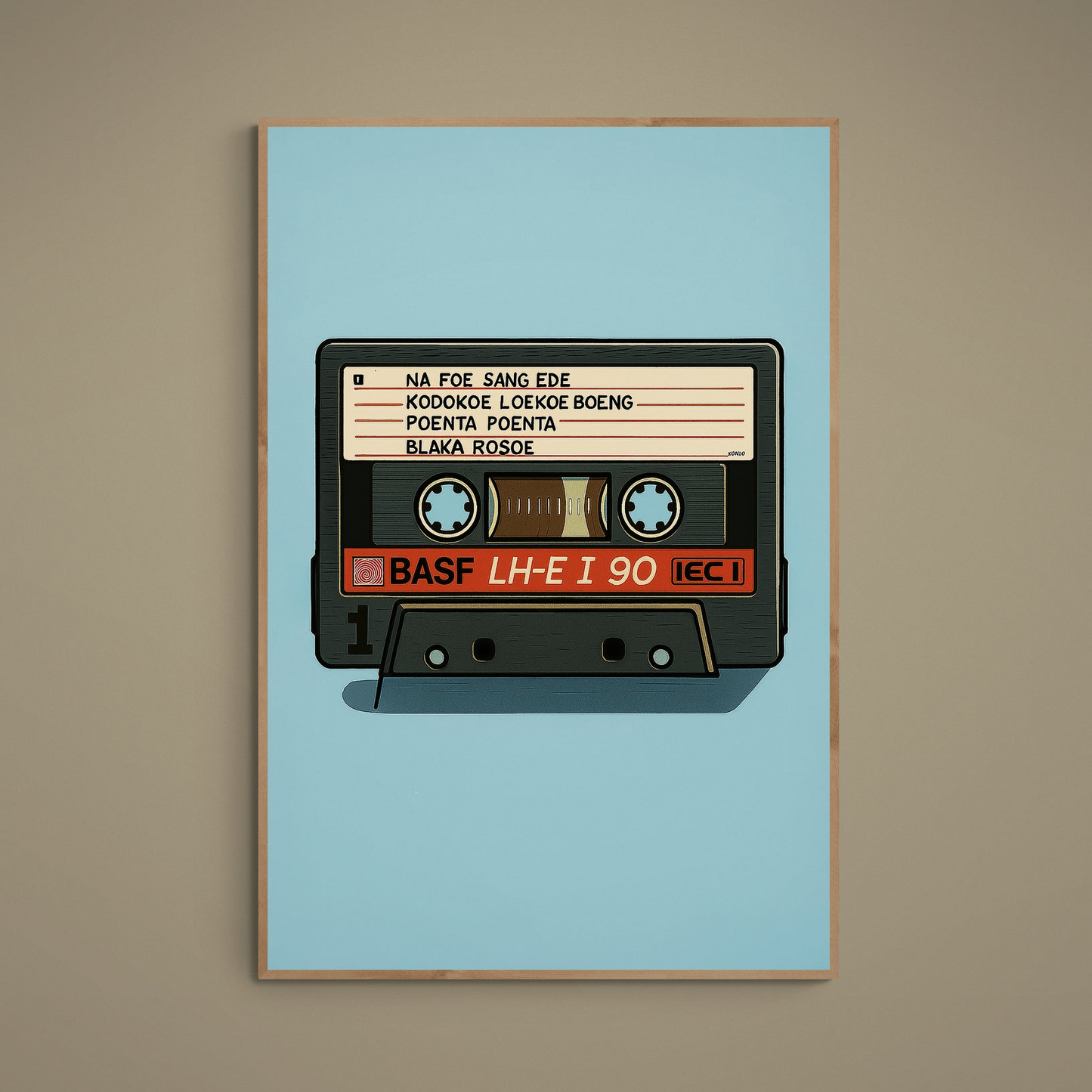 Retro BASF cassette illustration on turquoise background with Surinamese mixtape label