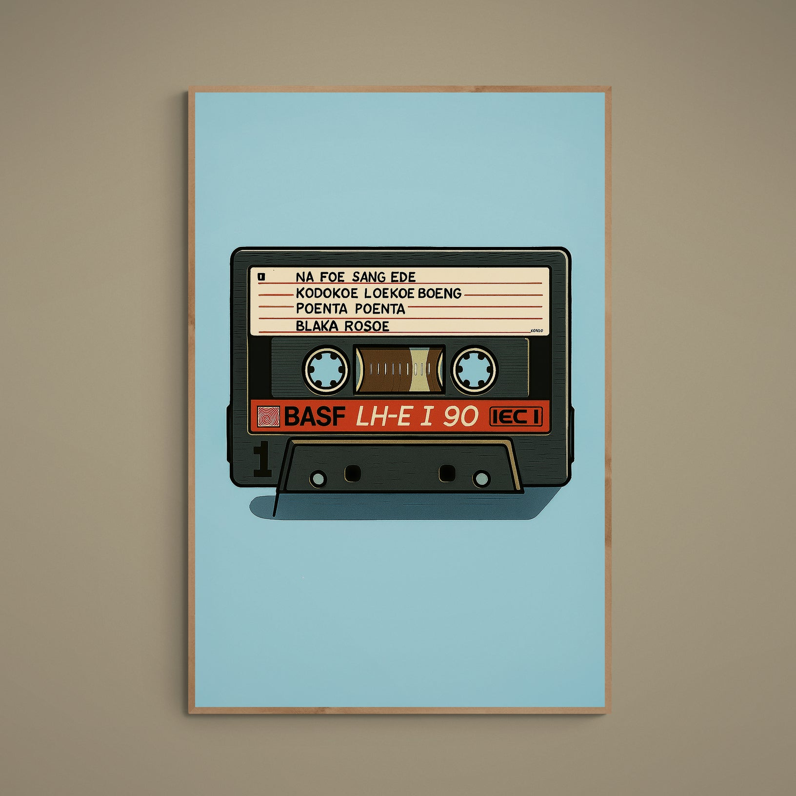 Retro BASF cassette illustration on turquoise background with Surinamese mixtape label