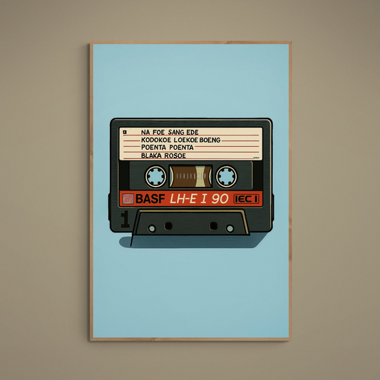 Retro BASF cassette illustration on turquoise background with Surinamese mixtape label