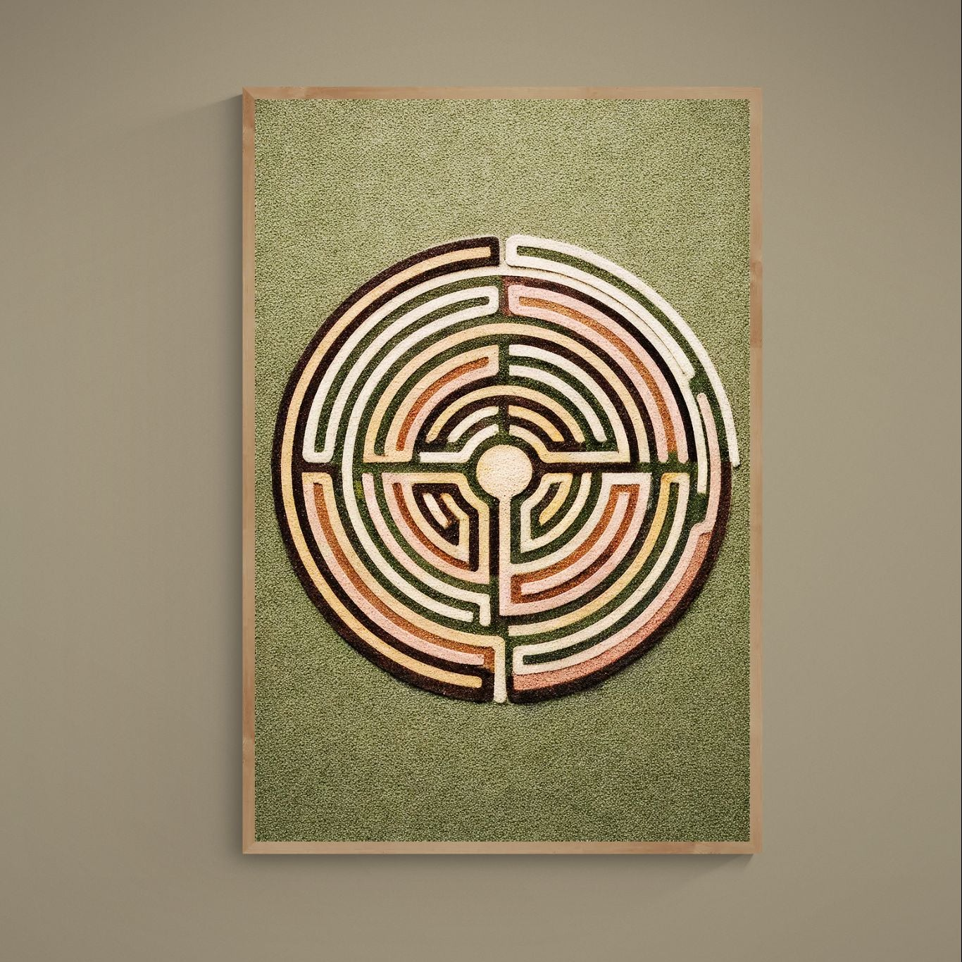Unframed olive green matte poster with centered earth-tone circular labyrinth and dark outlines