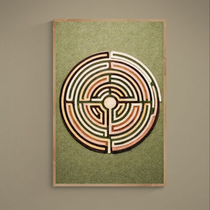 Unframed olive green matte poster with centered earth-tone circular labyrinth and dark outlines