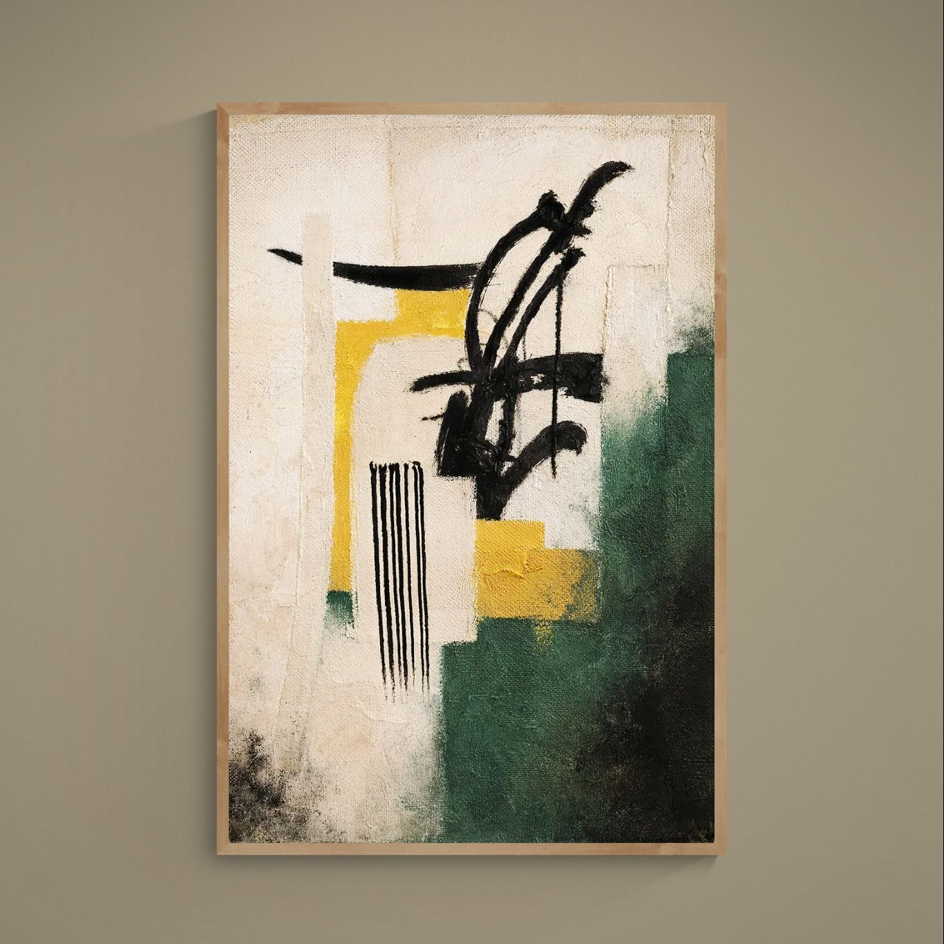 Abstract matte poster with beige texture, black brushstrokes, ochre blocks, and green edge wash