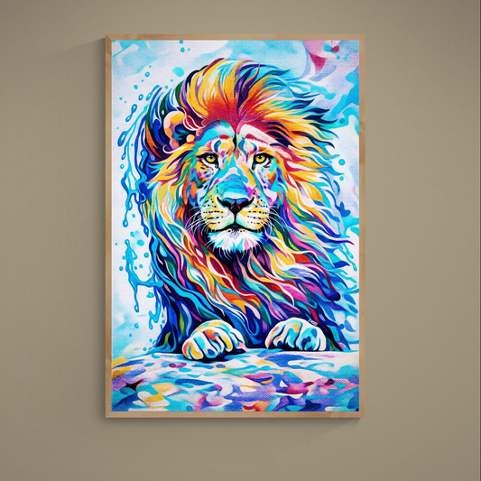 Multicolor pop art lion portrait poster with yellow eyes and layered brushstroke texture
