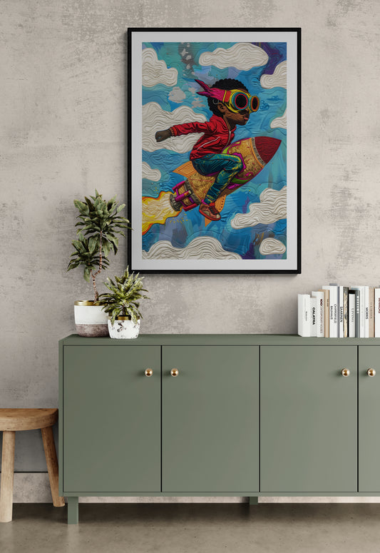 Rocket Dreams Patchwork-Inspired Matte Poster - Afrofuturist