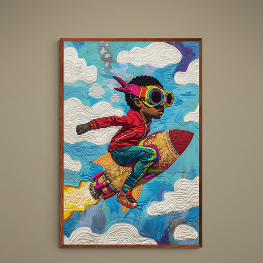 Black child astronaut in goggles riding a rocket through colorful quilt-textured clouds pop art poster