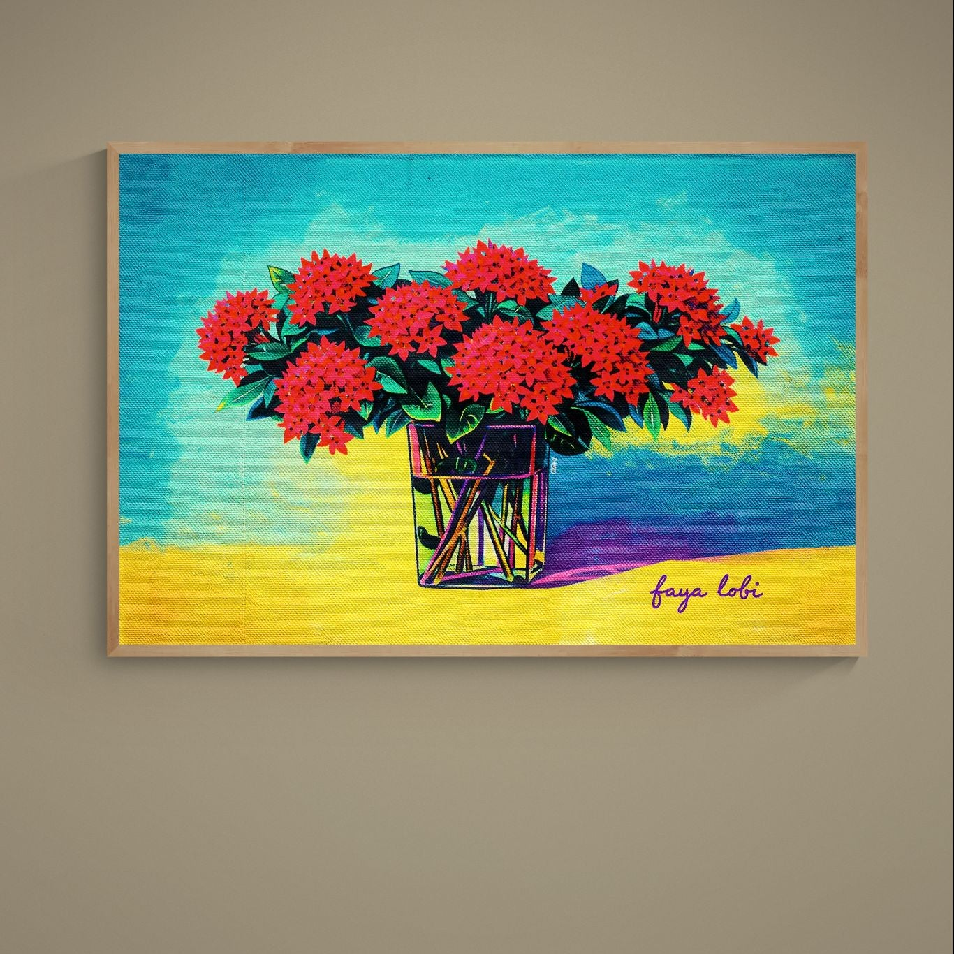 Pop Art red tropical flower bouquet in glass vase on turquoise and yellow matte paper poster
