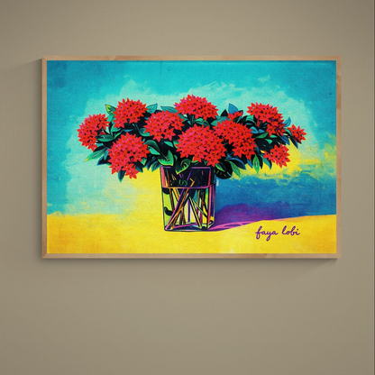 Pop Art red tropical flower bouquet in glass vase on turquoise and yellow matte paper poster