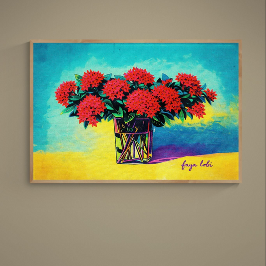 Pop Art red tropical flower bouquet in glass vase on turquoise and yellow matte paper poster