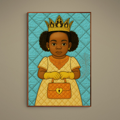 Quilt-inspired portrait poster of a crowned child on turquoise stitched background with orange handbag