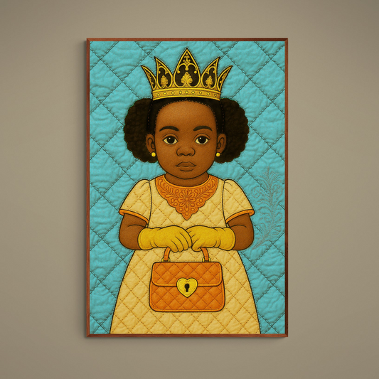 Quilt-inspired portrait poster of a crowned child on turquoise stitched background with orange handbag