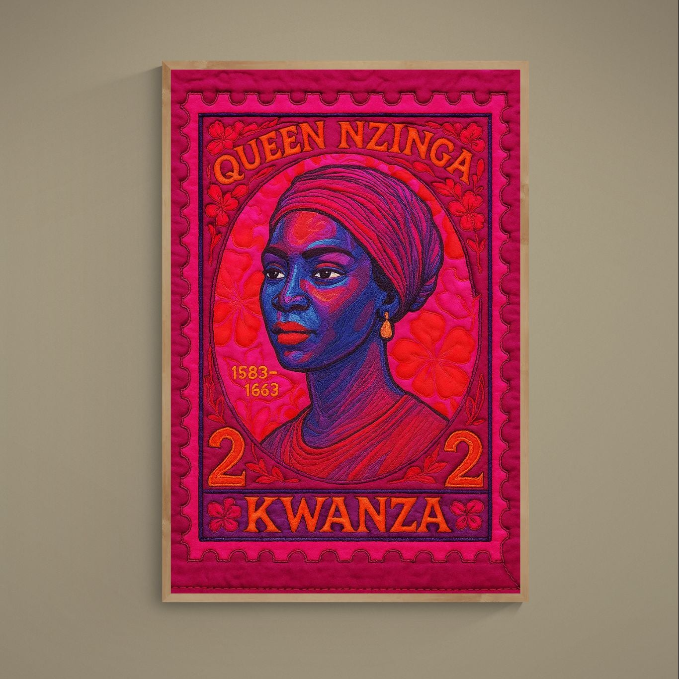 Queen Nzinga quilt-inspired poster with purple, pink, orange tones, floral motifs, and stamp-style border