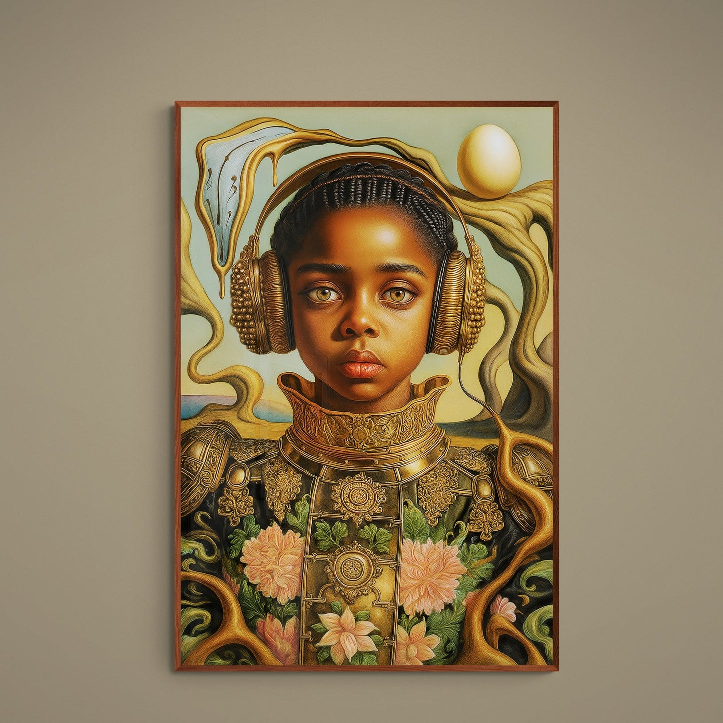 Surreal portrait poster with gold armor, headphones, pink flowers, and muted green-beige background