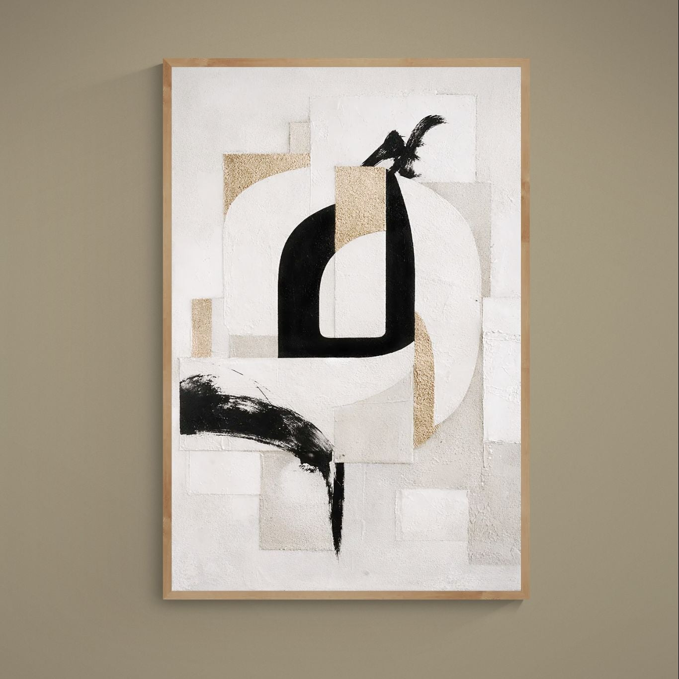 Portrait abstract poster with beige gray panels, black brushstrokes, gold textured accents and white negative space