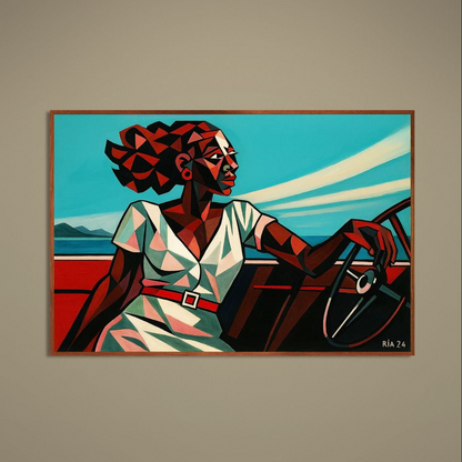 Afro-Cubist portrait poster of seated woman at helm with turquoise sea, red accents and bold black outlines
