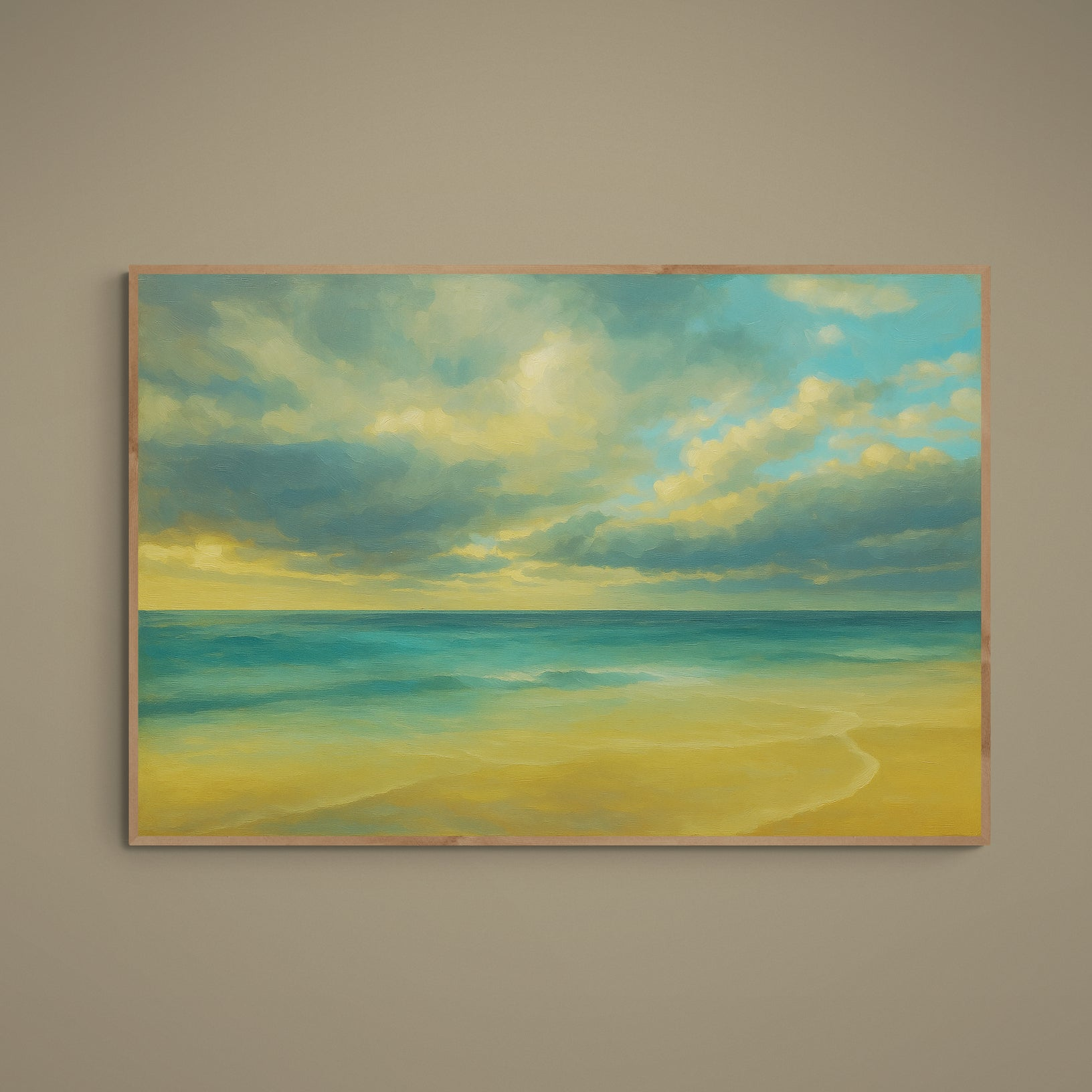 Impressionist seascape poster with turquoise ocean, beige sand and warm cloud-filled sky
