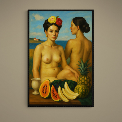 Classical nude figures by a coastal horizon with tropical fruit still life on matte poster