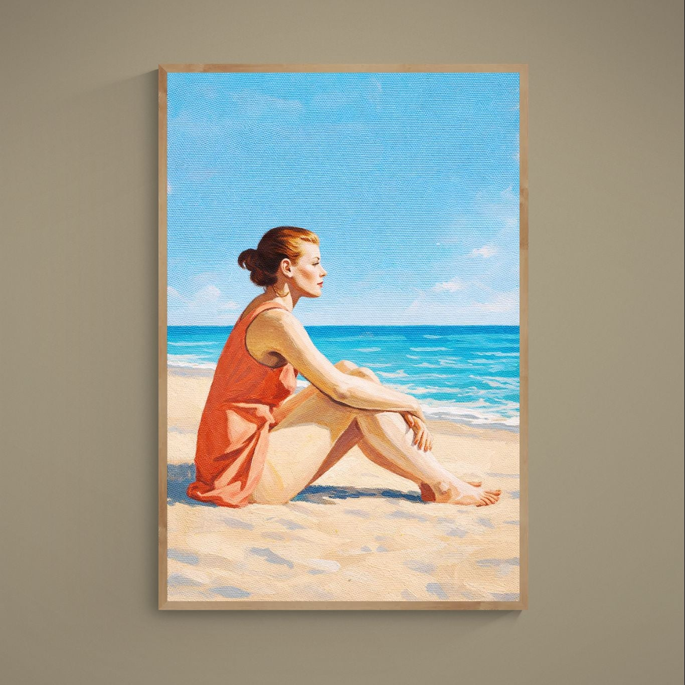 Photorealistic coastal portrait paper poster of a woman in a wide-brim hat facing the sea, vertical, matte, unframed