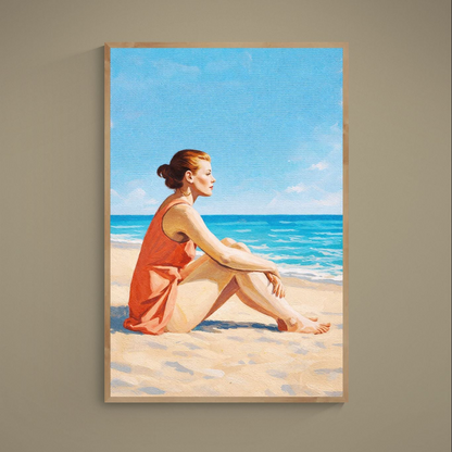 Photorealistic coastal portrait paper poster of a woman in a wide-brim hat facing the sea, vertical, matte, unframed