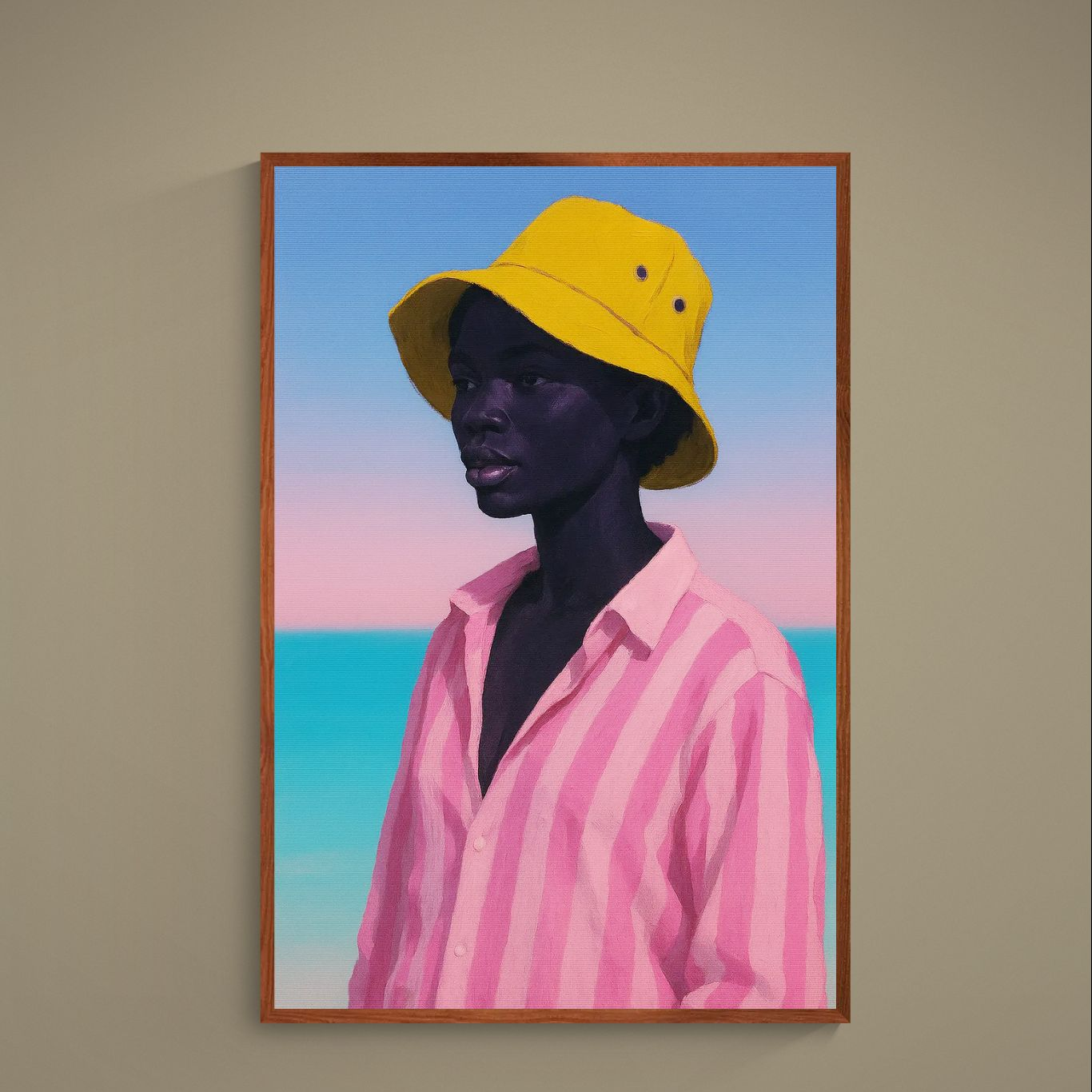 Modern coastal portrait poster with yellow bucket hat, pink striped shirt, turquoise ocean and pastel sky