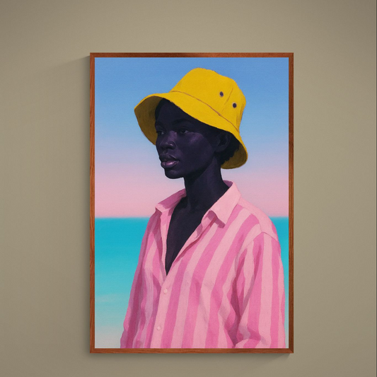 Modern coastal portrait poster with yellow bucket hat, pink striped shirt, turquoise ocean and pastel sky