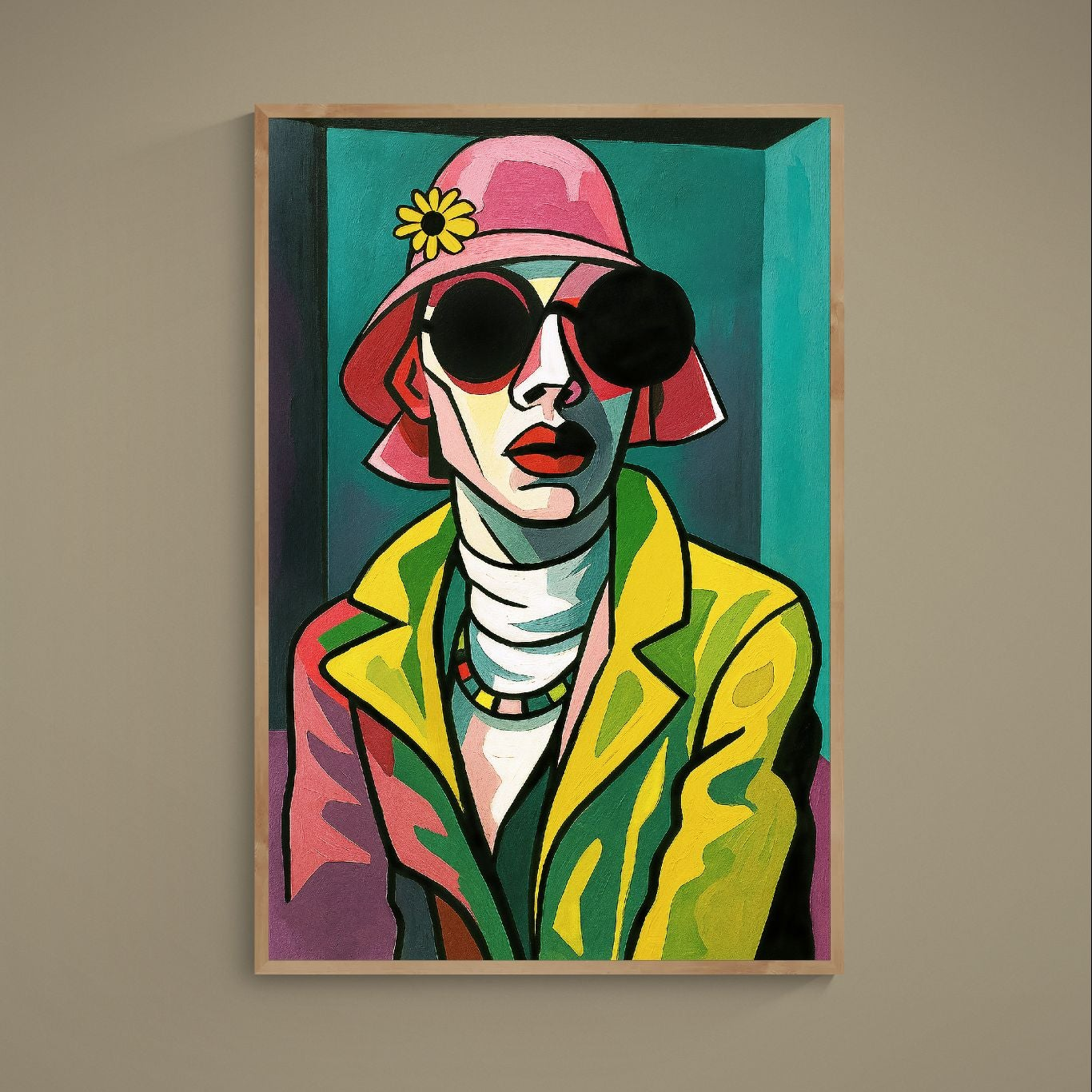 Cubist portrait poster with pink hat, black sunglasses, and bold multicolor blocks