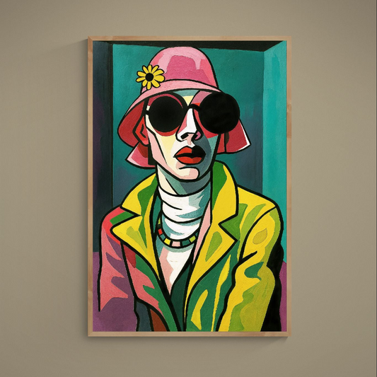 Cubist portrait poster with pink hat, black sunglasses, and bold multicolor blocks