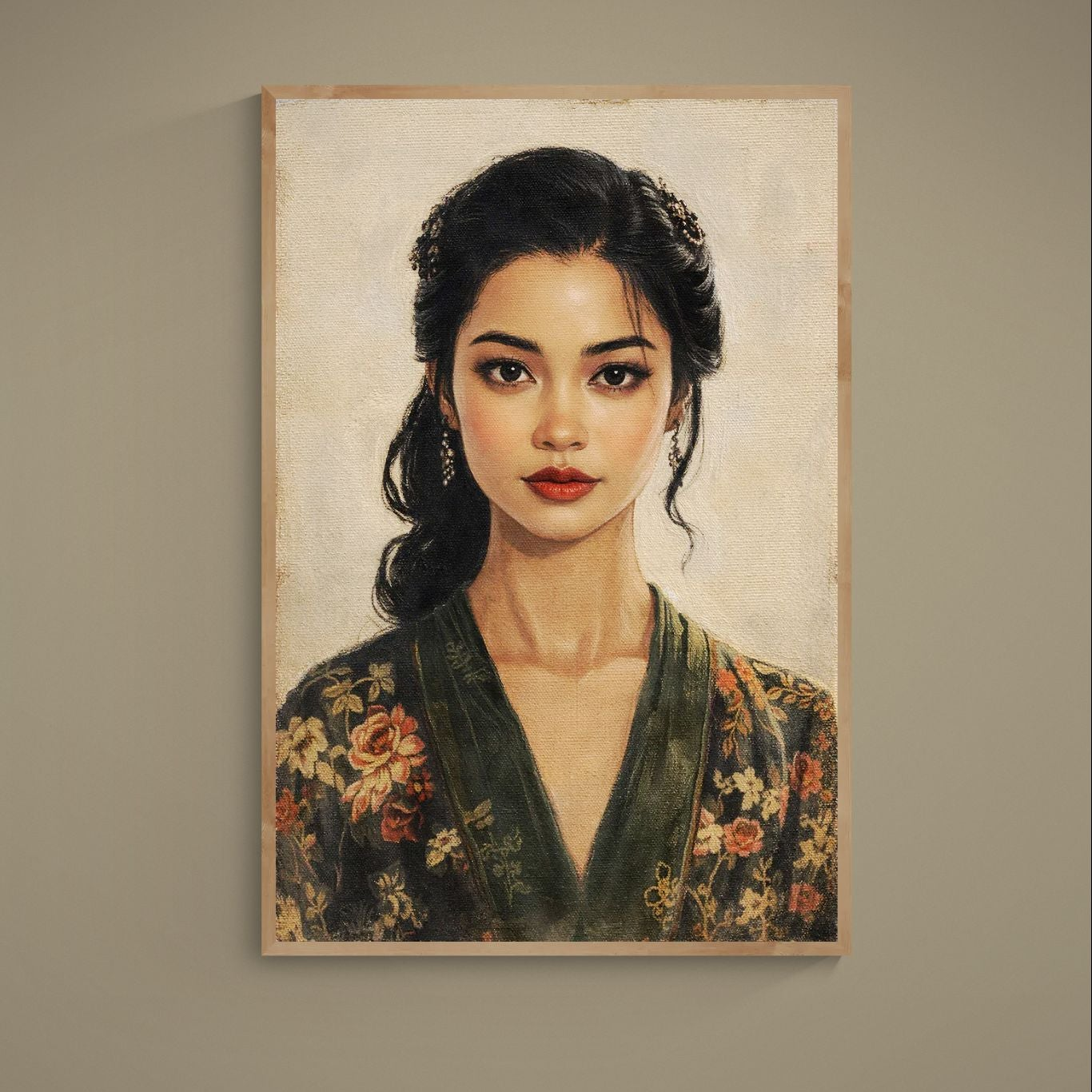 Vintage realist female portrait poster with beige background, red lips, floral robe, and canvas-look texture