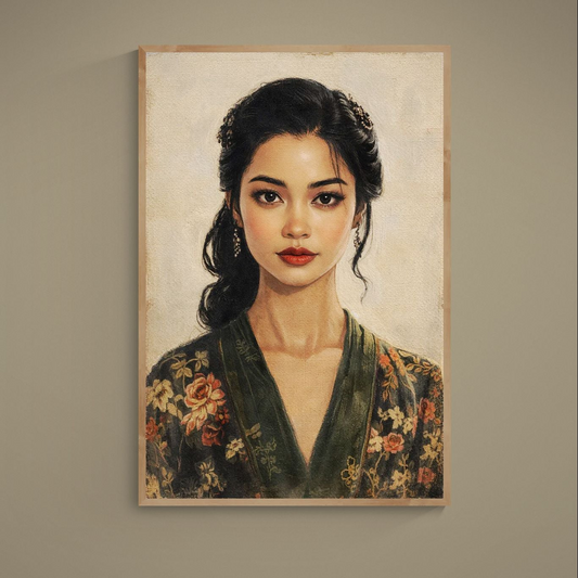 Vintage realist female portrait poster with beige background, red lips, floral robe, and canvas-look texture