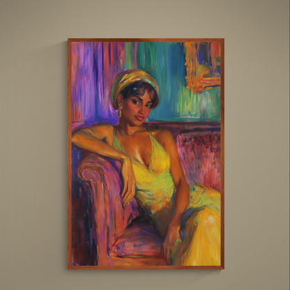Expressionist poster of reclining woman in headwrap with purple, green, gold, red and blue brushwork