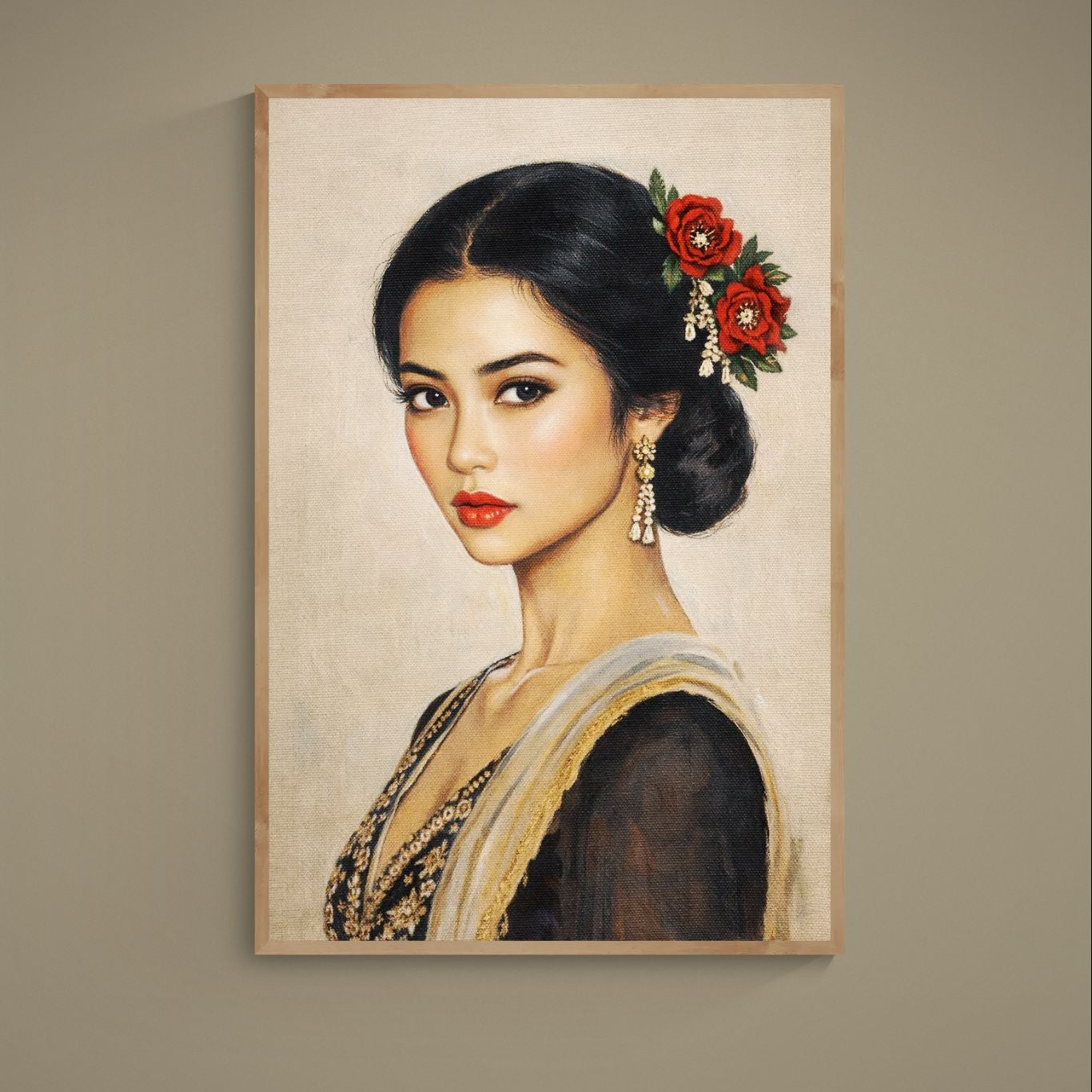 Realistic female portrait with red floral hairpiece, gold jewelry, and beige textured background