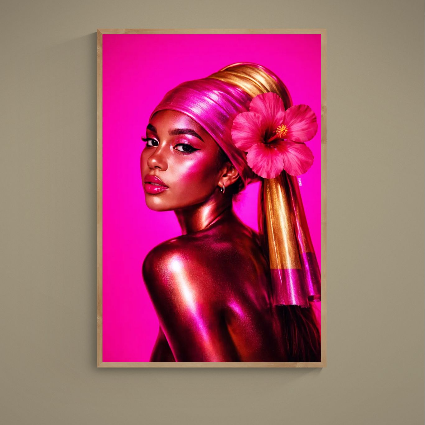 Close-up glamour portrait with pink-gold headwrap, hibiscus flower, and magenta background on matte poster