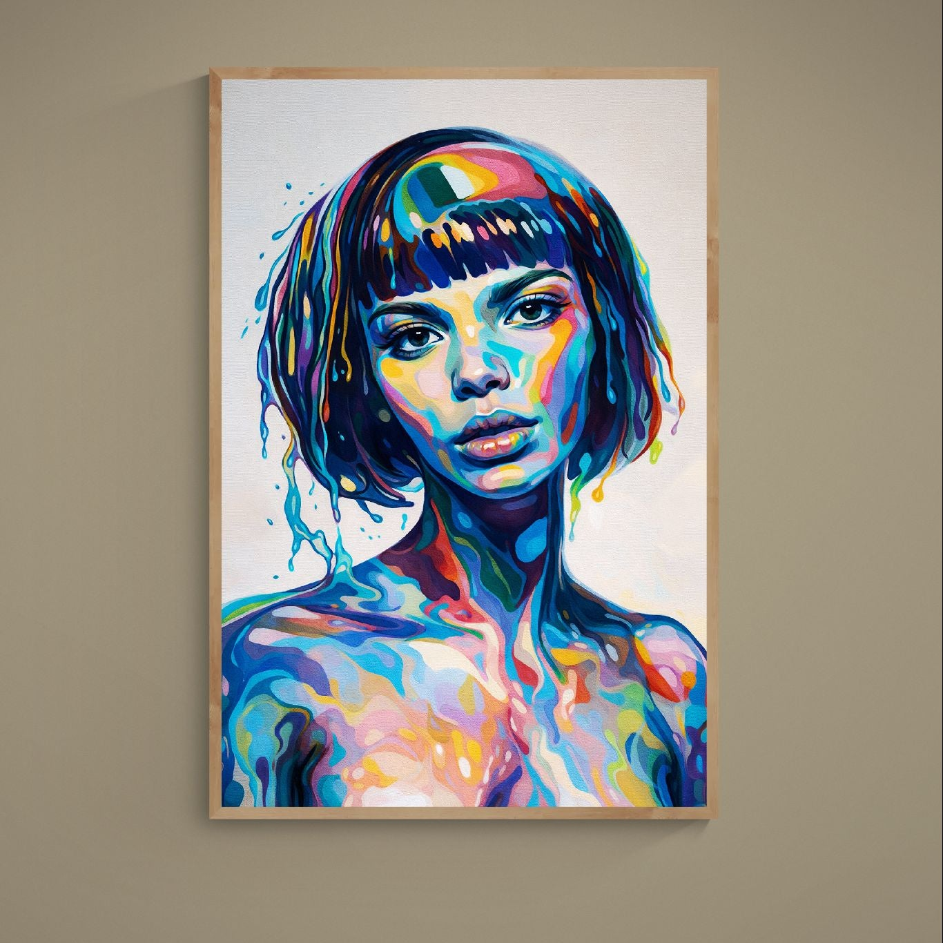 Colorful pop art female portrait poster with bold color blocks and dripping paint effects