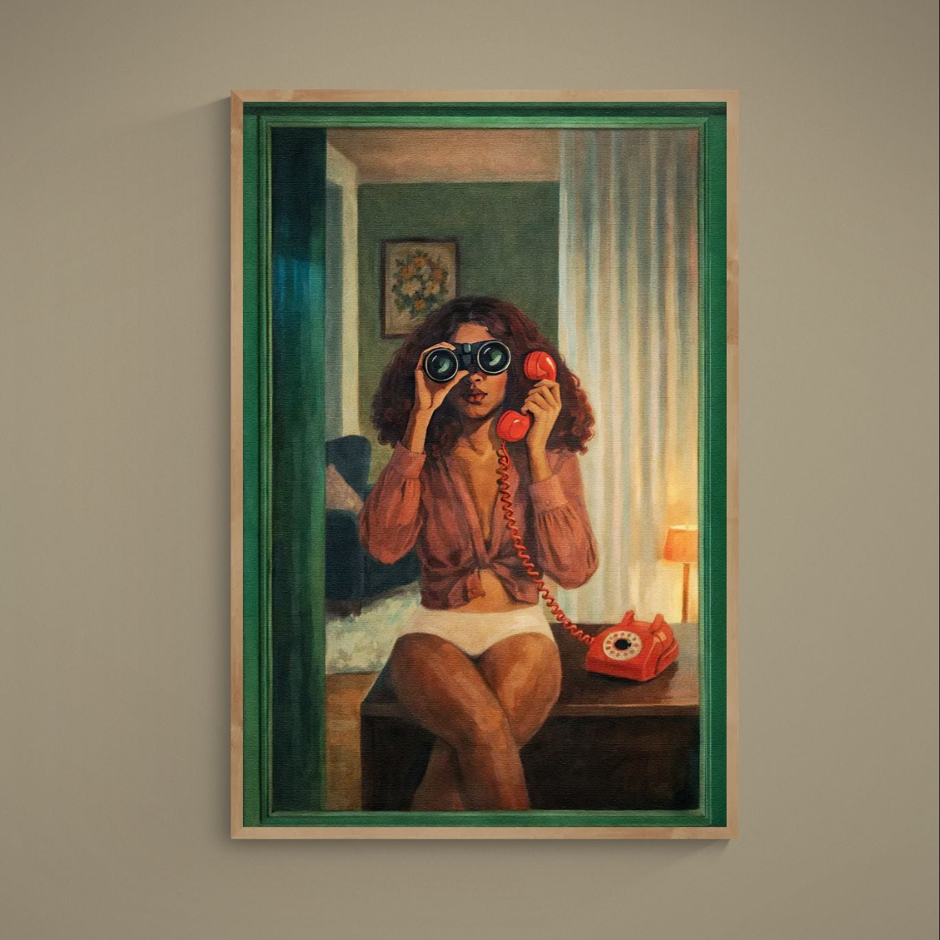 Poster of woman holding binoculars and a red rotary phone in a green, mid-century inspired interior