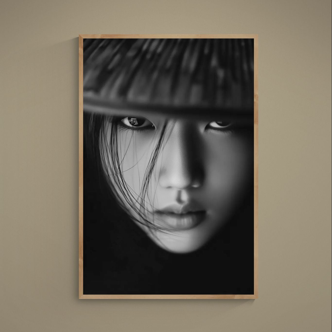 Black and white close-up portrait under a woven conical hat with shadowed face and intense gaze