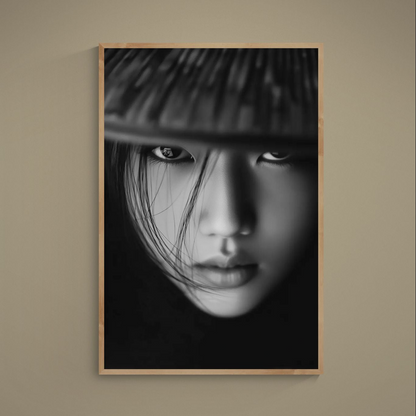 Black and white close-up portrait under a woven conical hat with shadowed face and intense gaze