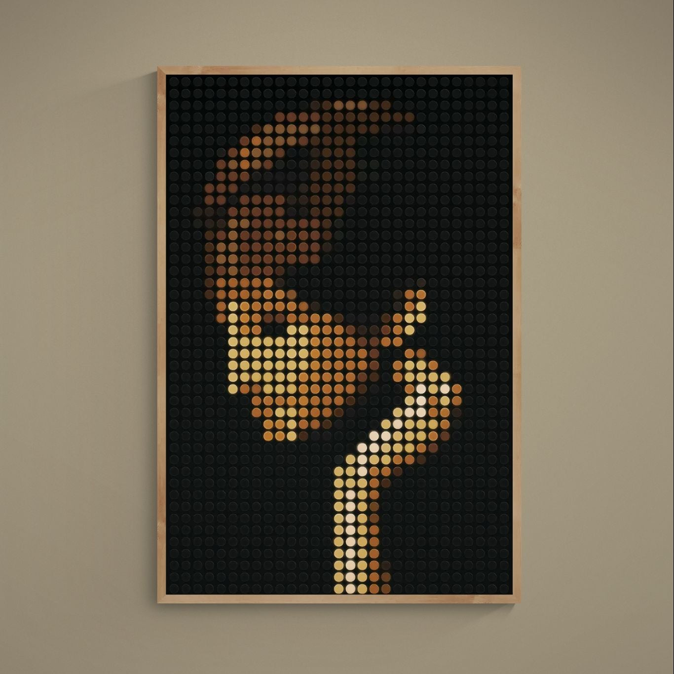 Unframed black poster with warm brown and gold circular halftone dot grid portrait