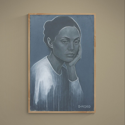 Blue-gray monochrome portrait poster with calm gaze, hand-to-face pose, white highlights, and paint drips