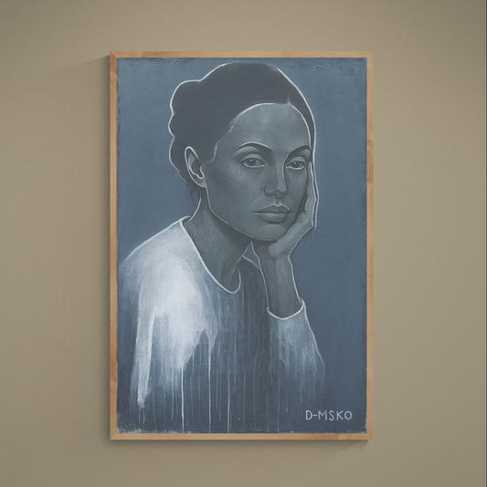 Blue-gray monochrome portrait poster with calm gaze, hand-to-face pose, white highlights, and paint drips