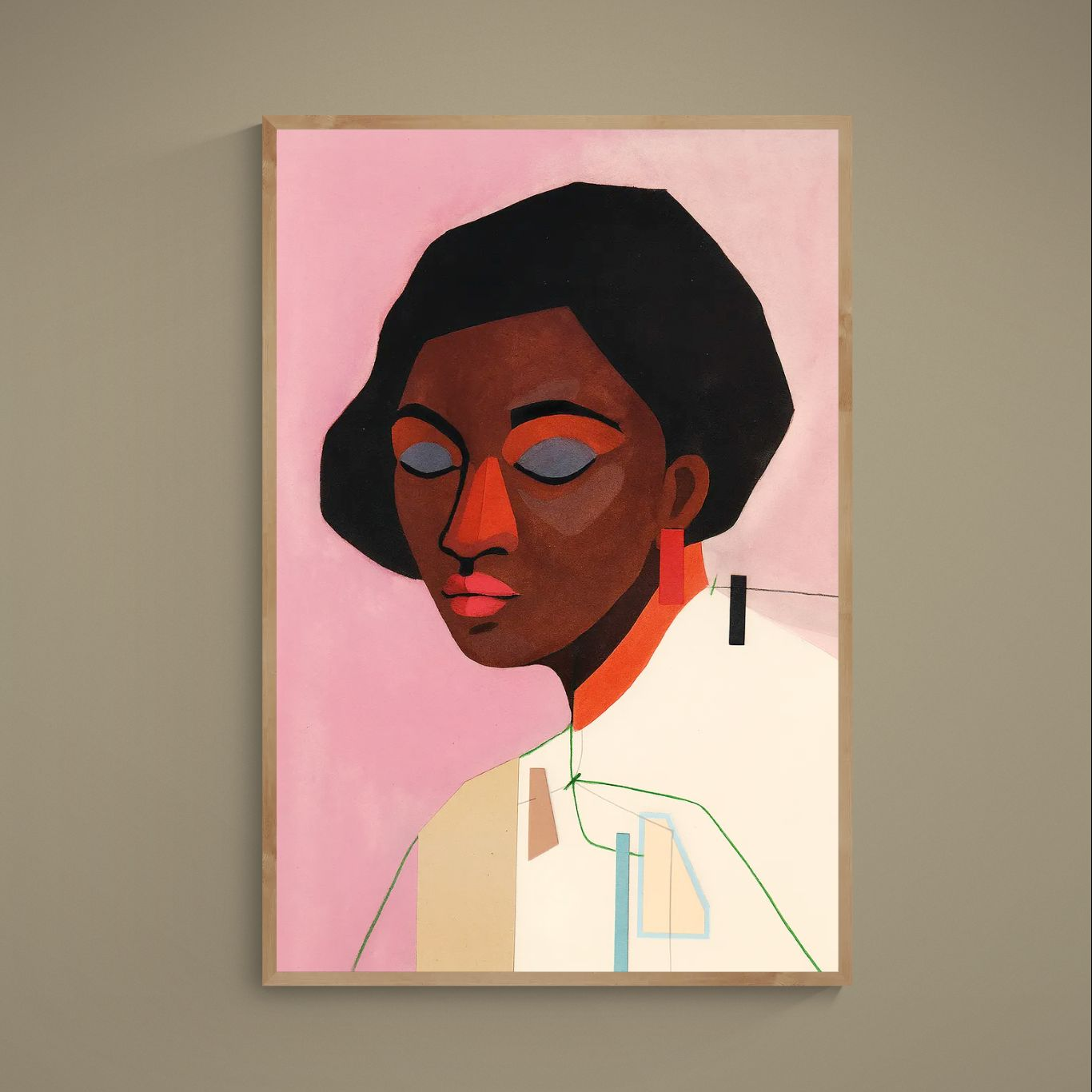 Unframed abstract portrait poster with pink background, black hair, brown face planes and red accents