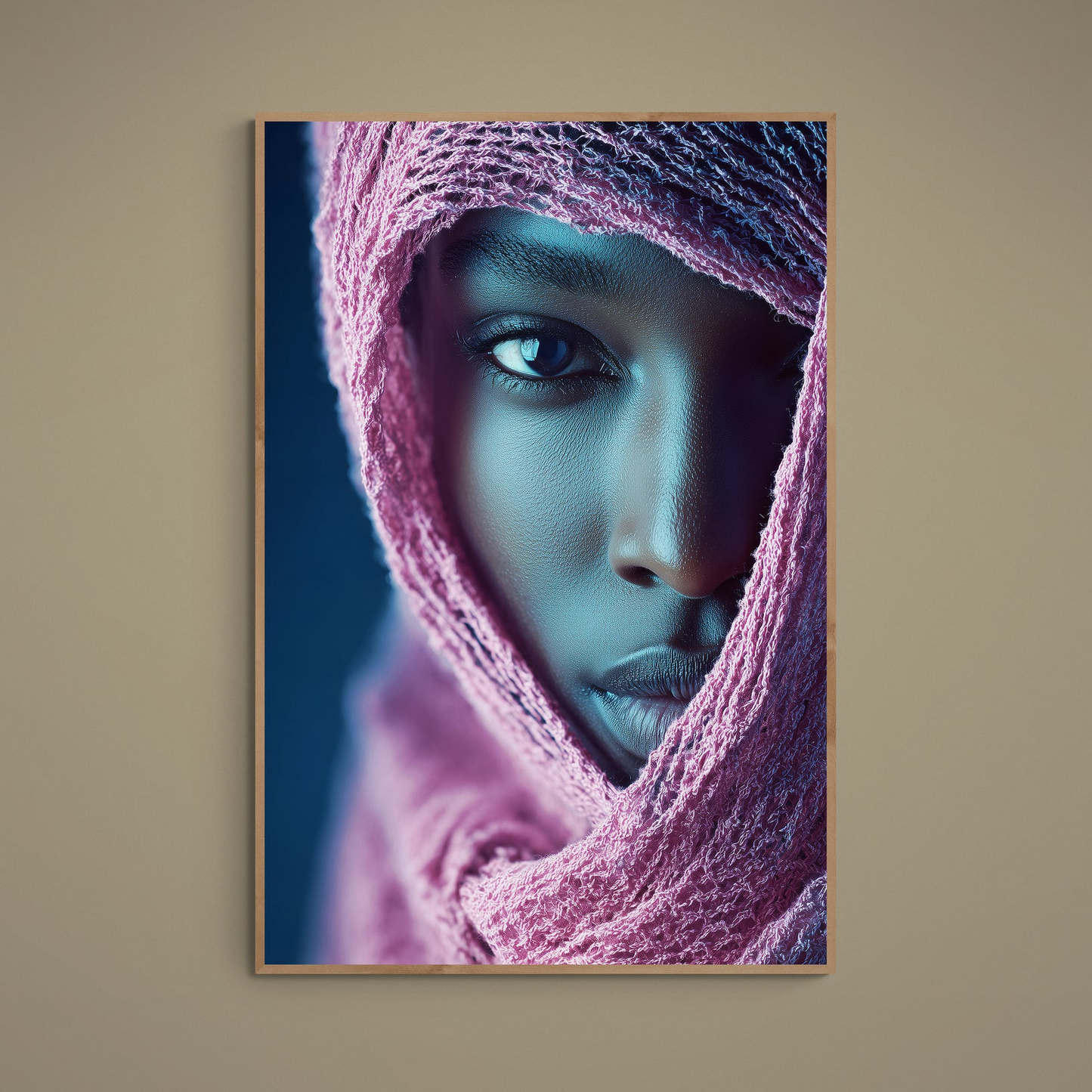 Close-up Afrocentric portrait with pink textured veil and cool blue lighting on matte poster