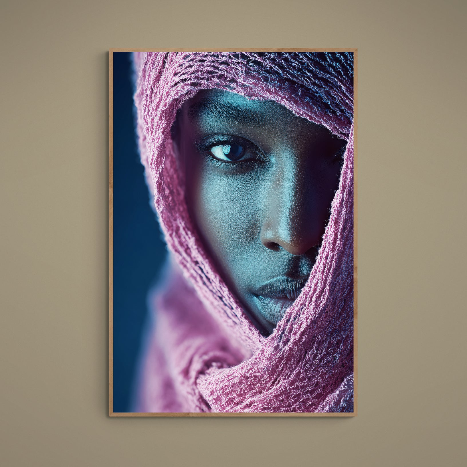 Close-up Afrocentric portrait with pink textured veil and cool blue lighting on matte poster