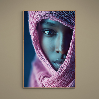 Close-up Afrocentric portrait with pink textured veil and cool blue lighting on matte poster