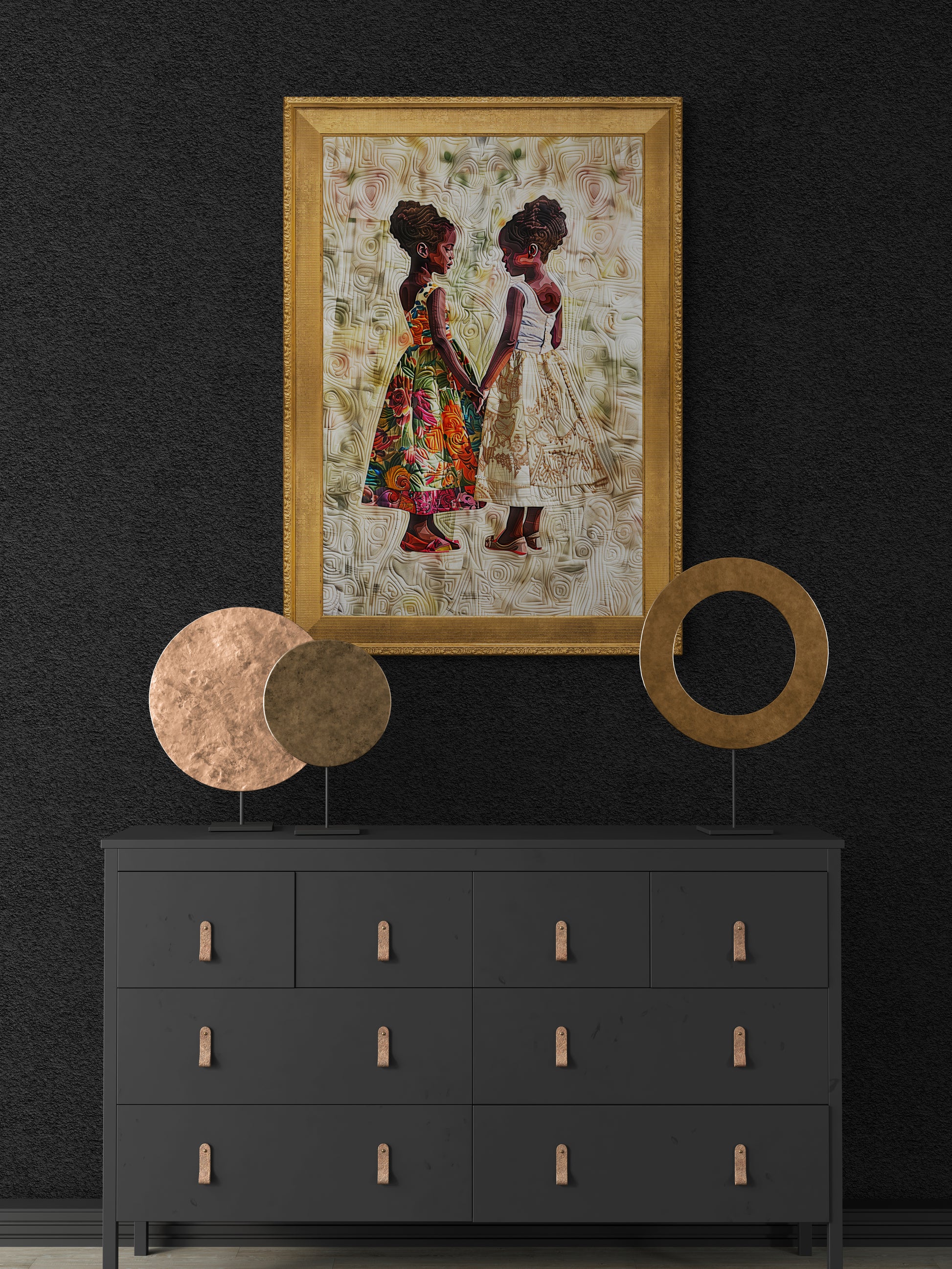 Sisterly Ties: Quilt-Inspired Matte Paper Poster in Bisa Butler Style