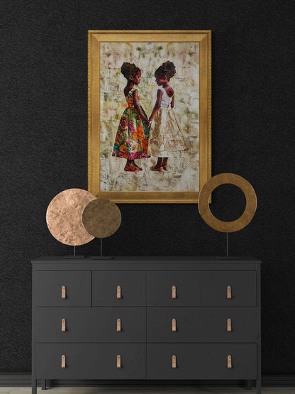 Sisterly Ties: Quilt-Inspired Matte Paper Poster in Bisa Butler Style