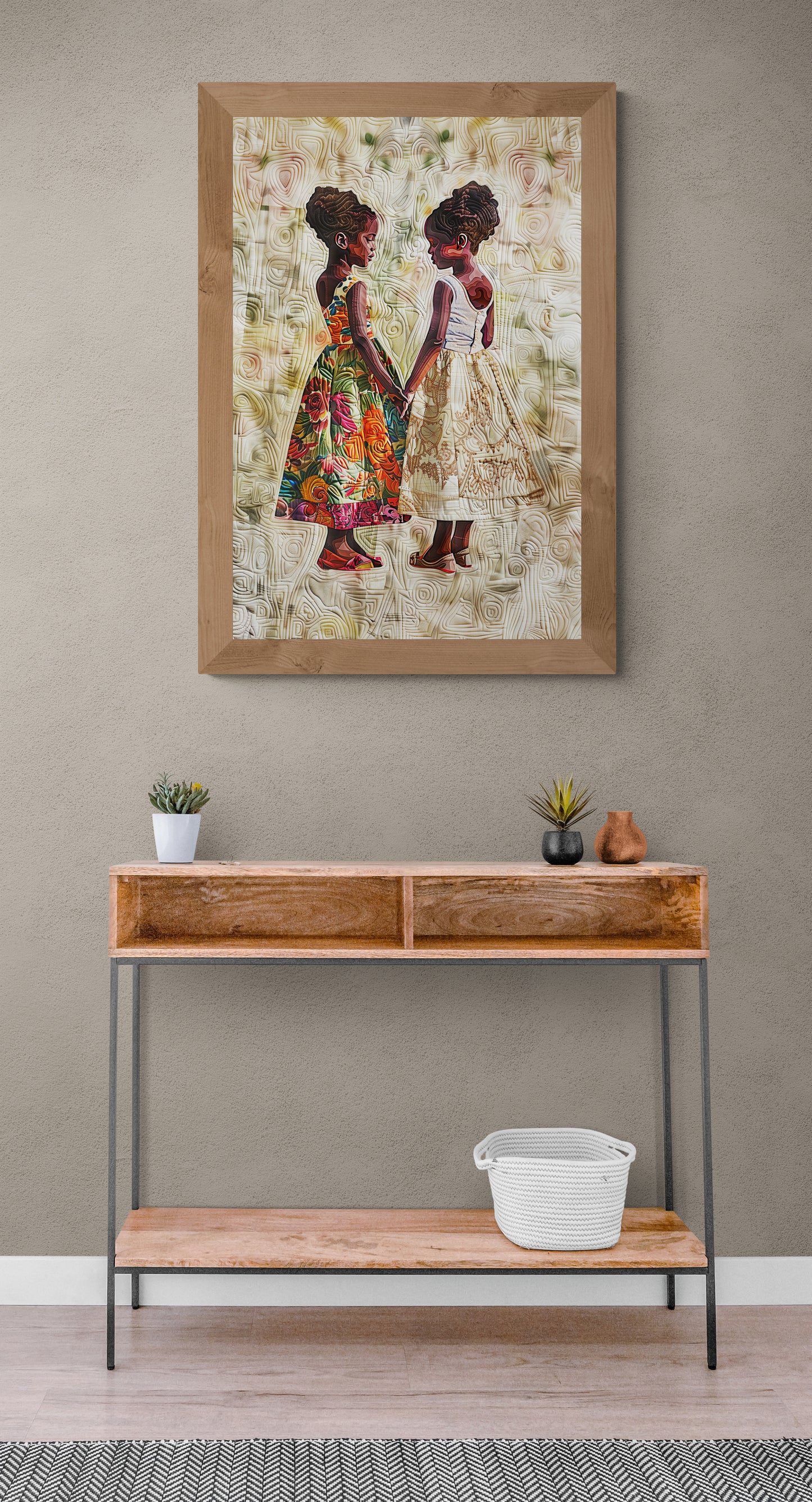 Sisterly Ties: Quilt-Inspired Matte Paper Poster in Bisa Butler Style