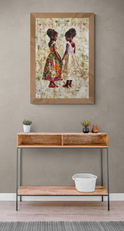 Sisterly Ties: Quilt-Inspired Matte Paper Poster in Bisa Butler Style